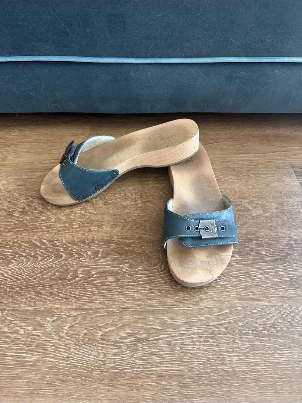 Dr. Scholl's Navy Leather Wood-Platform Slide Sandals